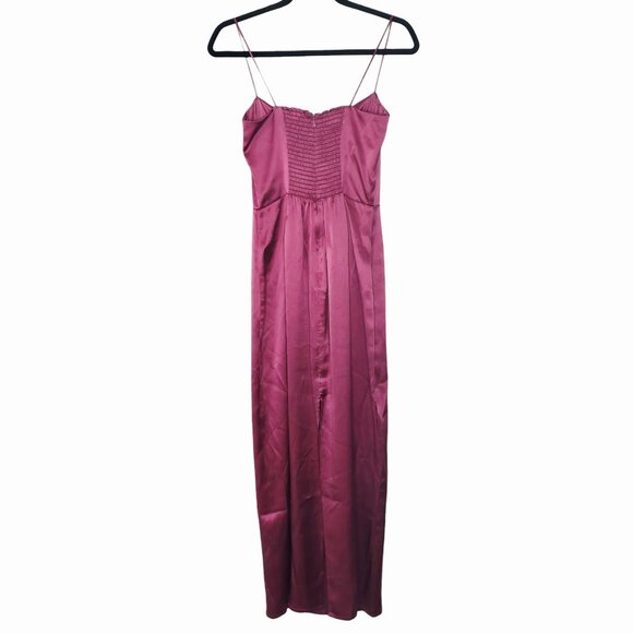 Reformation Frankie Strawberry Wine Pink Rosette Silk Maxi Dress Back Slit 4 - Picture 8 of 13